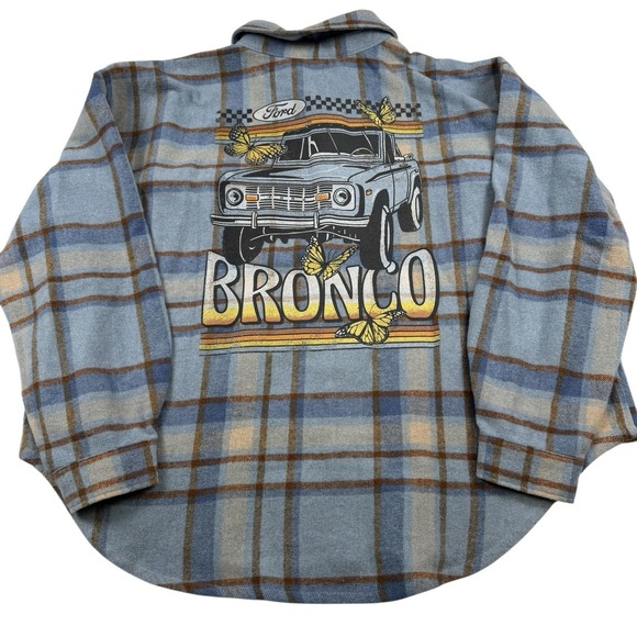 Ford Tops - Ford Bronco Women's Graphic Flannel Shirt Shacket Plus Size 1X Plaid Blue/Brown